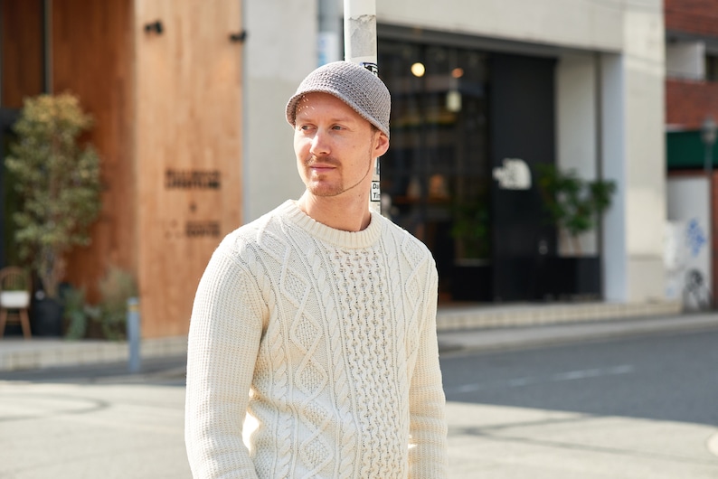 Gorra de calavera con pico de algodón 100%, gorro de verano para hombre, ropa ética, ganchillo hecho a mano, moda coreana japonesa, sombrero Kufi, sombrero de quimioterapia para mujer Gris