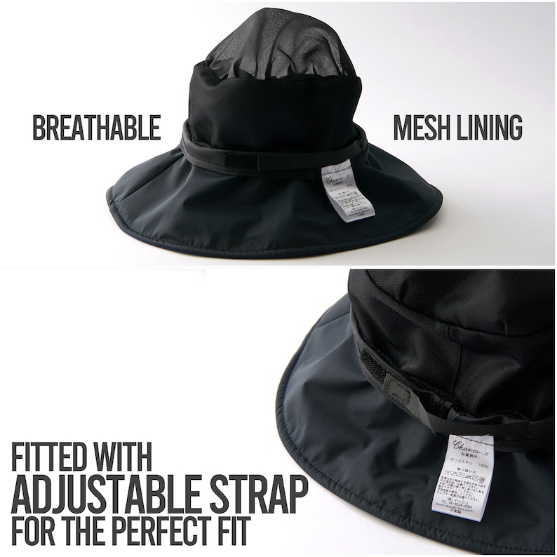 May include: Black bucket hat with a mesh lining and adjustable strap. The hat is breathable and has the text "Charmer" on the label.
