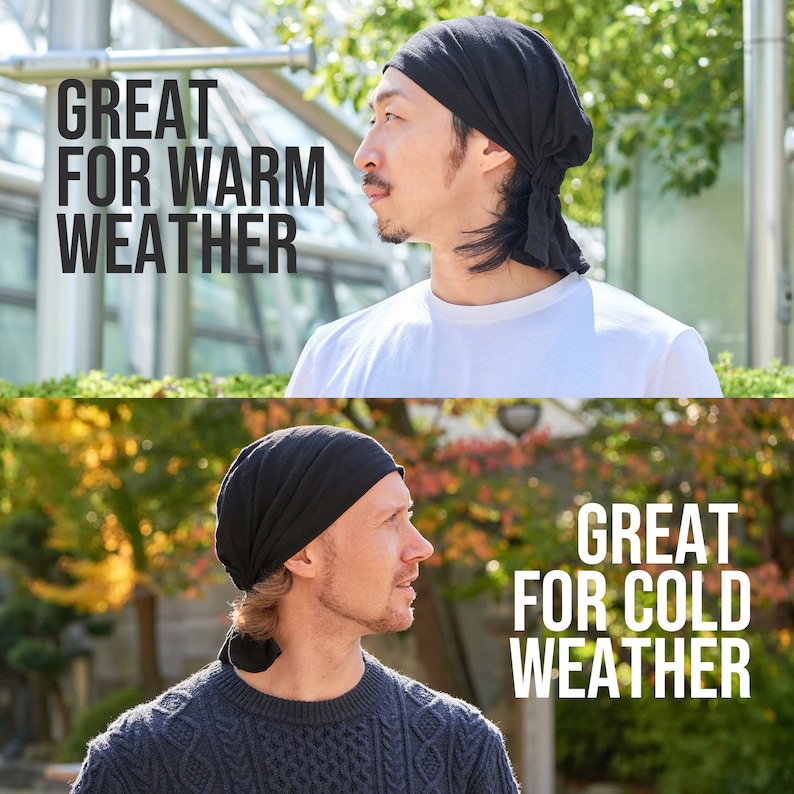 K&ouml;nnte beinhalten: Zwei M&auml;nner tragen schwarze Stirnb&auml;nder. Das Stirnband ist am Hinterkopf gebunden. Der Mann oben tr&auml;gt ein wei&szlig;es Hemd und der Mann unten tr&auml;gt einen dunkelblauen Pullover. Der Text "GREAT FOR WARM WEATHER" befindet sich oben und "GREAT FOR COLD WEATHER" unten.