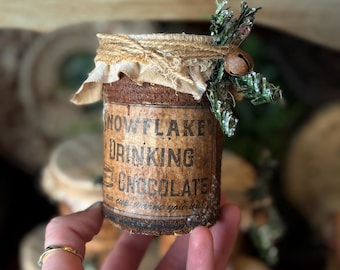 Primitive Snowflake Drinking Chocolate Pantry Can – Rustic Farmhouse Christmas Decor – Cinnamon Coated Winter Shelf Sitter