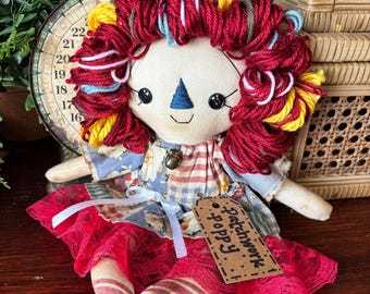 Meet Patchwork Poppy | Handmade Primitive Rag Doll | Folk Art Cloth Doll | OOAK Shelf Sitter | Rustic Farmhouse Decor | Dilly Bug Decor