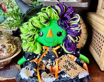 Meet Hattie Hex | Handmade Primitive Raggedy Ann Doll | Folk Art Cloth Doll | Halloween Witch | Rustic Farmhouse Decor | Dilly Bug Decor