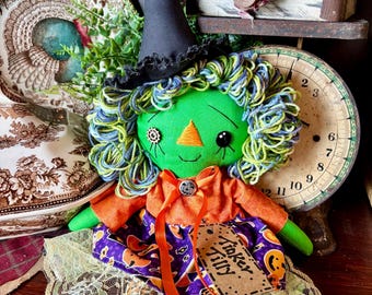 Meet Tinker Tilly | Handmade Primitive Raggedy Ann Doll | Folk Art Cloth Doll | Halloween Witch | Rustic Farmhouse Decor | Dilly Bug Decor