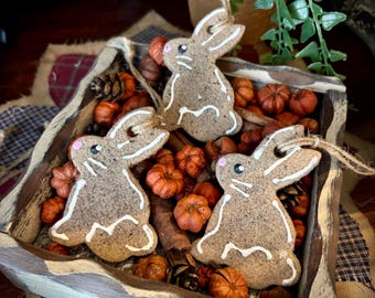 Primitive Salt Dough Bunny Ornaments – Set of 3 Handmade Easter Bunnies – Wax Dipped Rustic Spring Decor – Farmhouse Easter Tree Ornament