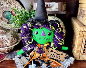 Meet Mischief Mabel | Handmade Primitive Raggedy Ann Doll | Folk Art Cloth Doll | Halloween Witch | Rustic Farmhouse Decor | Dilly Bug Decor