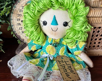 DISCOUNTED - Meet Lime Zinne | Handmade Primitive Rag Doll  | OOAK Shelf Sitter | Rustic Farmhouse Decor | Dilly Bug Decor