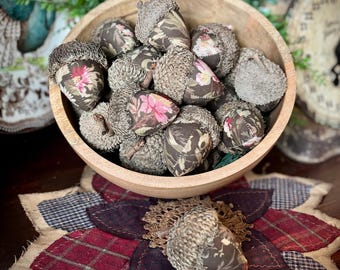 Handmade Fabric Acorns with Real Burr Oak Caps | Coffee Stained Vintage Decor | Rustic Fall Bowl Fillers | Autumn Farmhouse Accents
