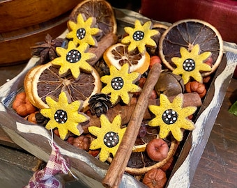 Juego de 20 mini girasoles de masa de sal, sumergidos en cera, perfumados, relleno para cuencos, popurrí, decoración rústica de granja.