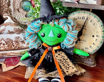 Meet Twyla Moon | Handmade Primitive Raggedy Ann Doll | Folk Art Cloth Doll | Halloween Witch | Rustic Farmhouse Decor | Dilly Bug Decor