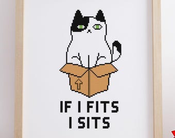 Patrón de punto de cruz en PDF "Si encajo, me siento", gráfico de gato divertido en una caja, bordado de meme de gatito adorable