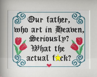 Patrón de punto de cruz con cita de oración del cuento de la criada