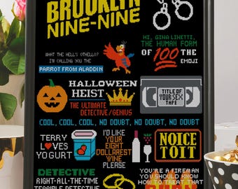 Patrón de punto de cruz de Brooklyn Nine-Nine en PDF, infografía con citas de la serie de televisión B99, muestrario de Nine Nine
