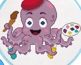 Patrón de punto de cruz de pulpo artístico en PDF, patrón de boina de pulpo pintor, bordado de artista de vida marina adorable