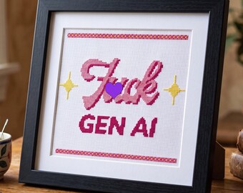Patrón de punto de cruz "Fuck Gen AI" en PDF, tabla de citas malsonantes anti-IA, apoya a los artistas humanos.