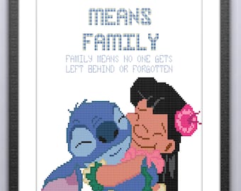 Ohana significa familia. Patrón de punto de cruz en PDF, tabla de citas de Lilo y Stitch, lindo bordado para habitación infantil.