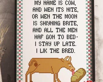 Patrón de punto de cruz "Me gusta la vaca criada" en PDF, gráfico de bordado con poema de meme divertido, artesanía de estilo rústico.