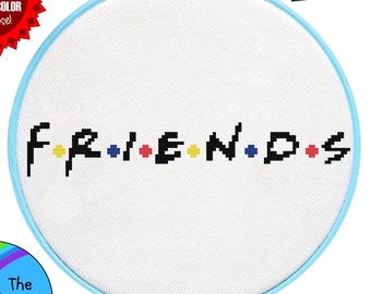 Patrón de punto de cruz del logo de Friends en PDF, tabla del alfabeto de la icónica serie de televisión, manualidad fácil para fans de Central Perk