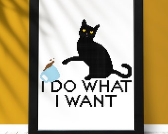 Patrón de punto de cruz "Hago lo que quiero" en PDF, gráfico de gato negro derribando una taza, bordado de meme de gato divertido