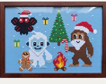 Patrón de punto de cruz navideño de críptidos en PDF, gráfico navideño de Bigfoot Yeti Mothman, bordado invernal espeluznante y adorable