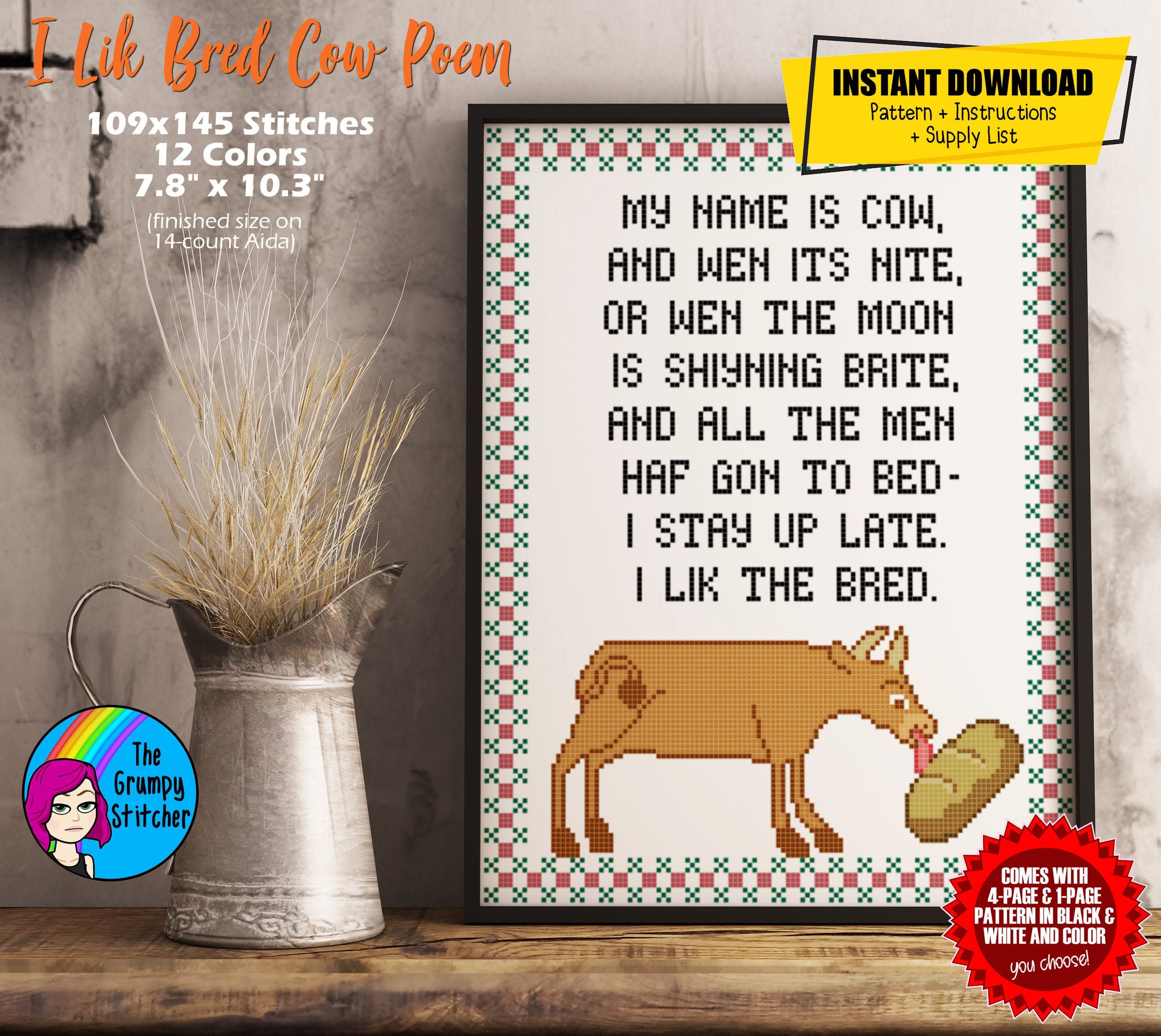 Download I Lik Bred Cow Poem Cross Stitch Pattern Etsy