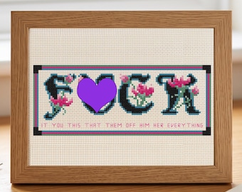 Patrón de punto de cruz Floral Fuck en PDF, tabla de fuentes florales con palabrotas, patrón de tipografía sarcástica subversiva