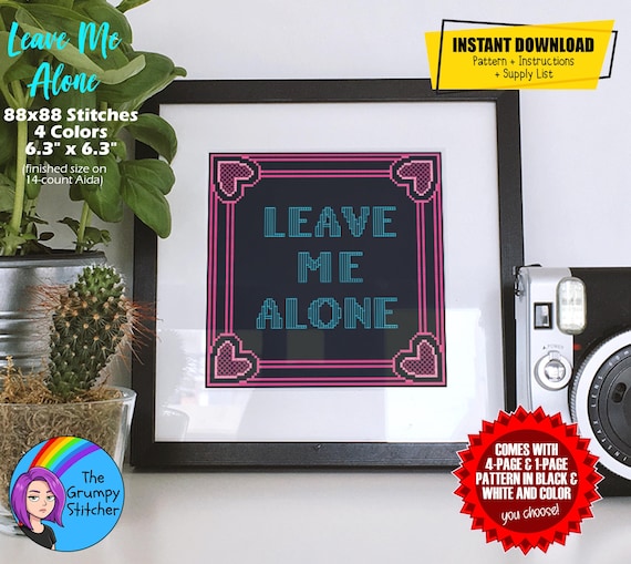 Leave Me Alone Cross Stitch Pattern PDF, Funny Pink Heart Border Chart, Subversive Introvert Decor