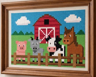 Patrón de punto de cruz en PDF de Barnyard Buddies, lindo gráfico de animales de granja, granero rojo, cerdo, vaca, cabra, caballo, guardería