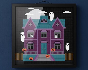 Patrón de punto de cruz de casa embrujada en PDF, gráfico de mansión victoriana fantasma, bordado gótico espeluznante de Halloween