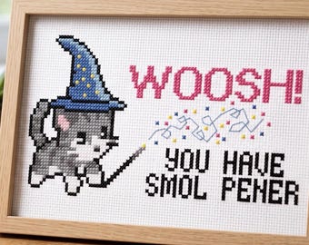 Patrón de punto de cruz en PDF de Woosh You Have Smol Pener, diagrama de varita mágica de gato mago, manualidad de meme subversivo y divertido