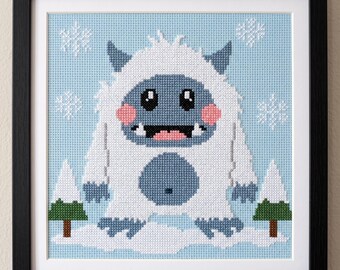 Patrón de punto de cruz del Yeti feliz en PDF, lindo gráfico del Abominable Hombre de las Nieves, bordado de críptidos de invierno