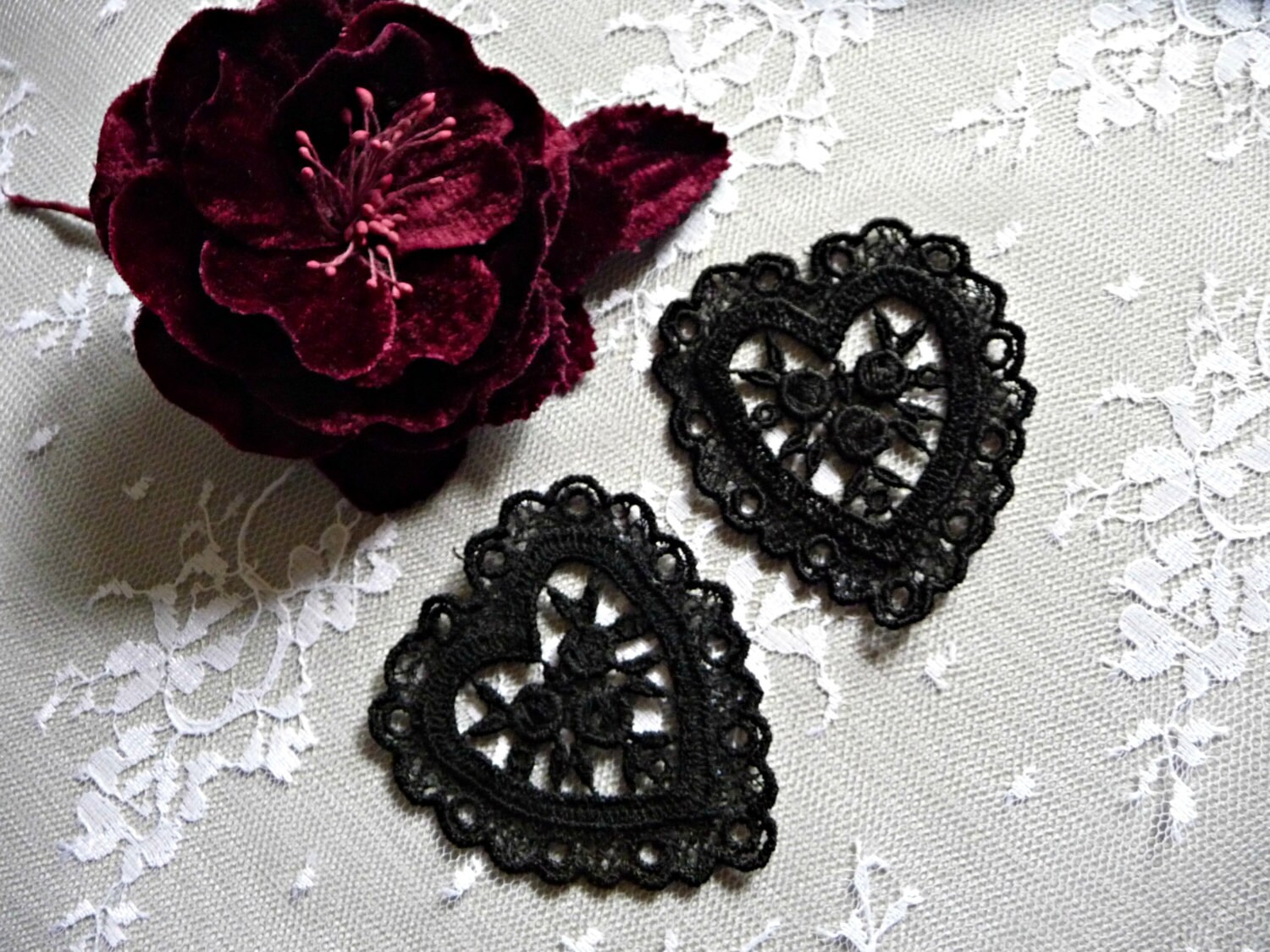 Two Lace Hearts Applique Black for Crafts Crazy Quilts Etsy