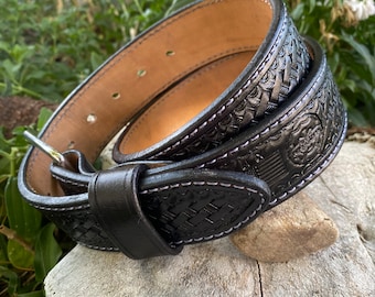 Custom Leather Belt - Hand Tooled Belt - Basket Weave Belt - Western Belt