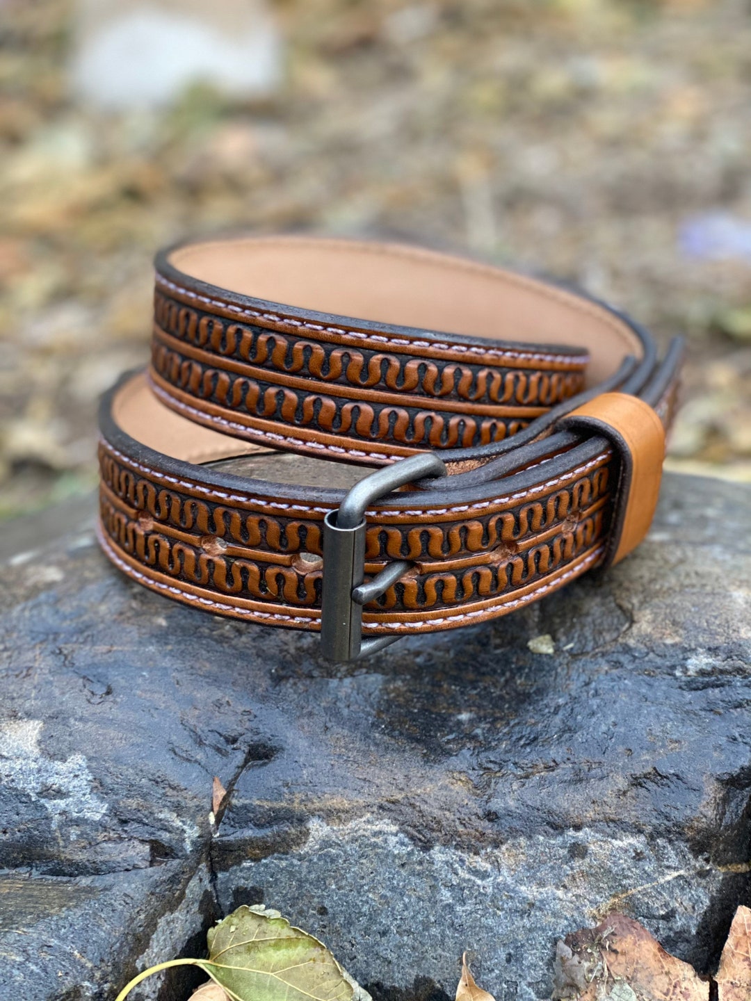 Hand Tooled Leather Belt Serpentine Belt Leather Belt - Etsy