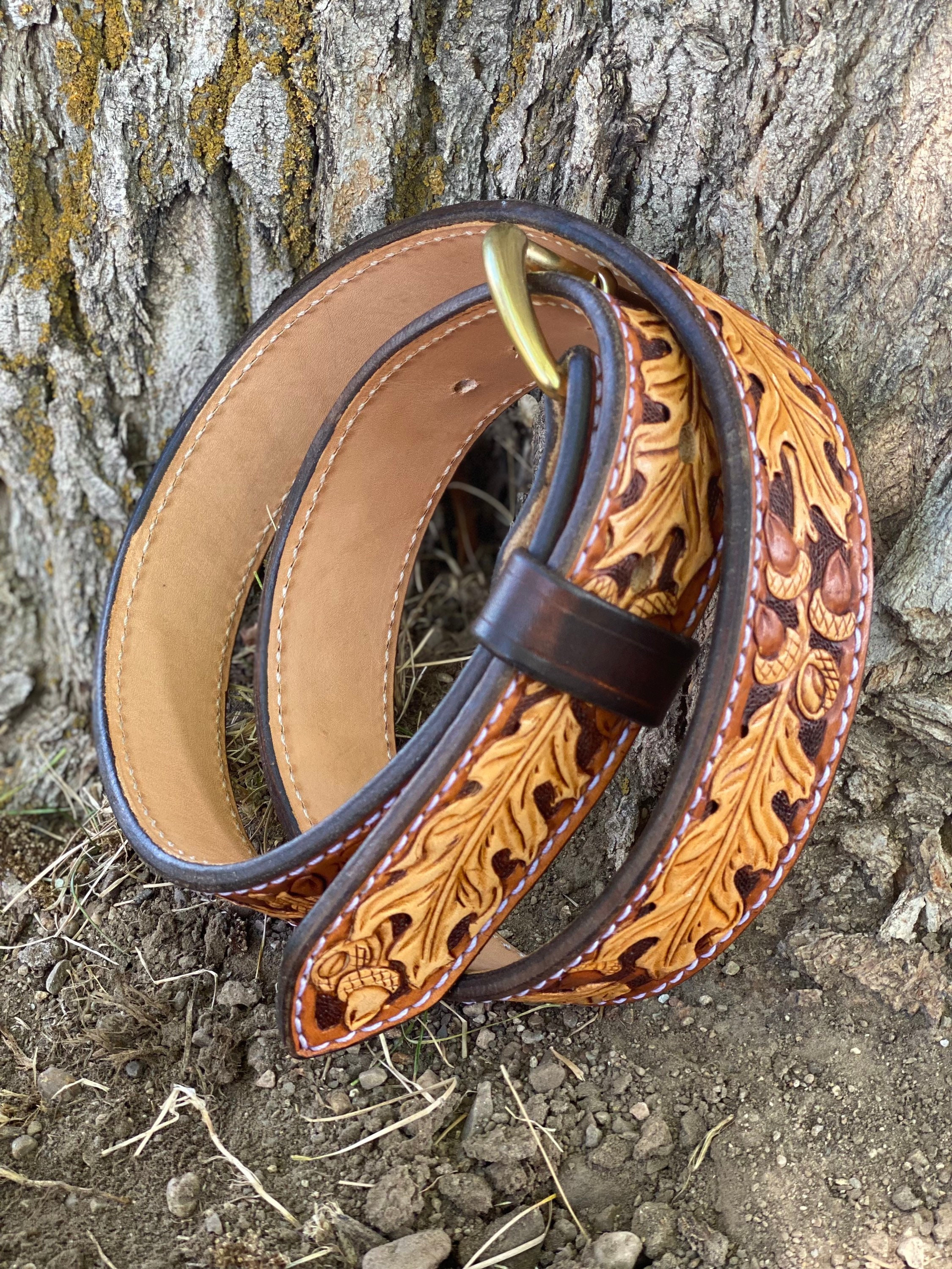Major Belt Vtg Oak Leaf Acorn Tooled Leather Belt sz 24 Top Grain Cowhide Vintage Tooled Leather Belt Acorn Leaf Top Stitch Western  main image 2