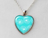 Turquoise Daisy Heart Necklace, Pyrex Daisy Heart Necklace, Vintage Pyrex, Anniversary Gift, Turquoise Heart, April Birthdays