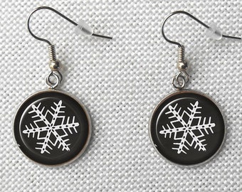 Pyrex Black Snowflake Earrings, Surgical Steel Dangle Earrings