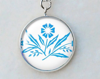 Cornflower Pattern Necklace, Birthday Ideas, Layering Pieces, Blue and White Flowers, Pendant Necklaces,March Birthdays