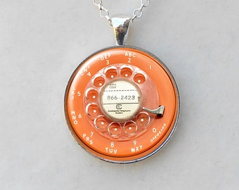 Orange Rotary Phone Silver Necklace, Rotary Phone, 30mm, Kitschy Gifts, Vintage Style, Orange Phone Necklaces, March Birthdays