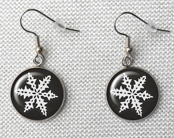 Pyrex Black Snowflake Earrings, Surgical Steel Dangle Earrings