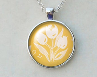 Yellow Tulips Pendant, Garden Medley Layering Necklace Pyrex Collector Gift, Birthday Gift Ideas