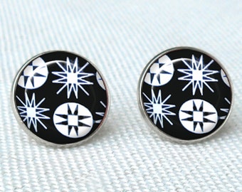 Midcentury Modern New Mexico 18mm Post Earrings, Pyrex New Mexico, Surgical Steel, Black and White Atomic Earrings, Midcentury Modern