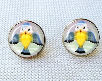 Lefton Flying Bluebird 16mm Post Earrings, Surgical Steel, Vintage Style, March Birthday Gift, Retro Jewelry, March Birthdays