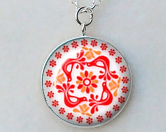 Pyrex Friendship Pattern 25mm Necklace, March Birthdays, Friendship Pyrex Collector, Red Pyrex, Red Pendant Necklace