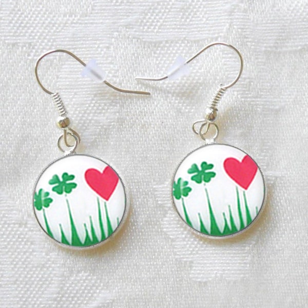 Pyrex Lucky in Love 16mm  Earrings for Pyrex Collector Birthday Gift, Hearts and Shamrocks Earrings