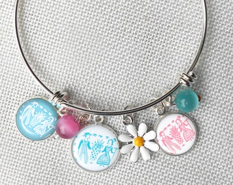 Pyrex Three Butterprints Charm Bangle Bracelet, March Birthdays, Pyrex Blue & Pink Butterprint, Pastel Charm Bracelet, Easter Basket Gift