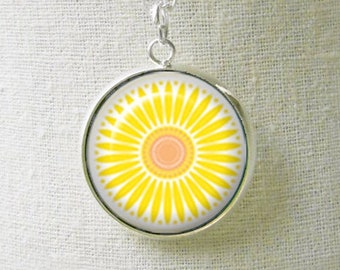 Pyrex Sunflower Pattern Pendant Necklace, March Birthdays, Pyrex Collector Gift, Yellow Necklace, Sunflower Necklace