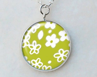 Pyrex Spring Blossom Silver Layering Necklace, March Birthdays, Pyrex Collector Gift, Green Pyrex, Green Daisies Pendant