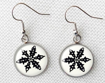 Pyrex Black Snowflake Earrings, Surgical Steel Earrings, Birthday Ideas, Pyrex Collector Gift, 16mm Pyrex Black Snowflake, Dangle Earrings