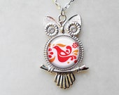Pyrex Friendship Owl Necklace Pyrex Necklace Bright Silver May Birthday Gifts Vintage Pyrex Friendship Bird Pattern