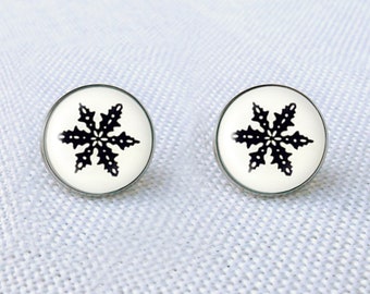 Pyrex Black Snowflake Earrings, Black and White Post Earrings, Birthday ideas, Pyrex Collector Gift, Pyrex Black Snowflake